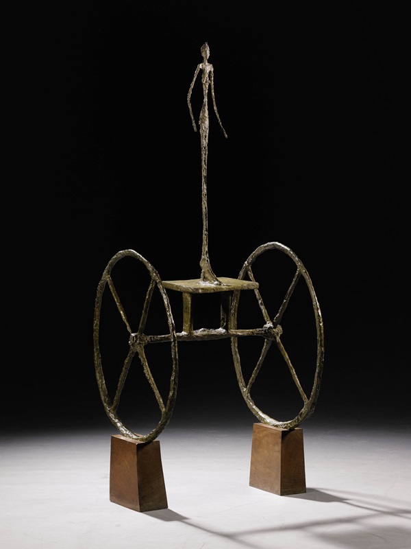 Alberto Giacometti, Chariot (2/6), conceived in 1950 and cast in 1951-52; painted bronze on wooden base, 57 inches; image courtesy of Sotheby's