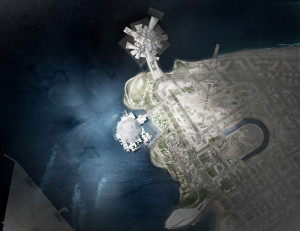 Site plan of the Saadiyat Island cultural district, with the Louvre at center and proposed Guggenheim at top, © Ateliers Jean Nouvel