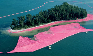 Christo and Jeanne-Claude, documentary photograph of Surrounded Islands during installation, Biscayne Bay, Greater Miami, Florida, 1980–83