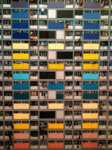 Michael Wolf, Architecture of Density 75, 2006; chromogenic print face-mounted to acrylic, 57 x 48 inches; installation view at Foster/White Gallery; photo © codylee.co