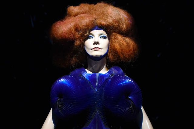 Björk, Biophilia dress, 2011; dress by Iris van Herpen; installation view at MoMA, 2015; photo by Timothy A. Clary / Getty Images