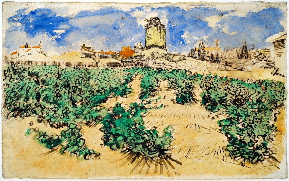 Vincent van Gogh, Le Moulin d’Alphonse Daudet à Fontvieille, 1888; graphite, reed pen, ink, and watercolor on paper; 30.2 x 49 cm; image via The Guardian