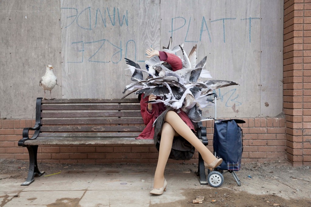 A woman is attacked by seagulls. Installation view of a work by Banksy, Dismaland, 2015; photo by Alicia Canter for the Guardian