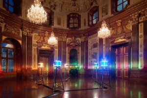 Ólafur Elíasson, Five Orientation Lights, 1999; Stainless steel, colored glass, halogen bulbs, Fresnel lenses, each lamp: 200 x 70 x 70 cm, installation: dimensions variable; The Juan & Patricia Vergez Collection, Buenos Aires; Baroque Baroque installation view at the Winter Palace of Prince Eugene of Savoy, Vienna, 2015; image © Ólafur Elíasson