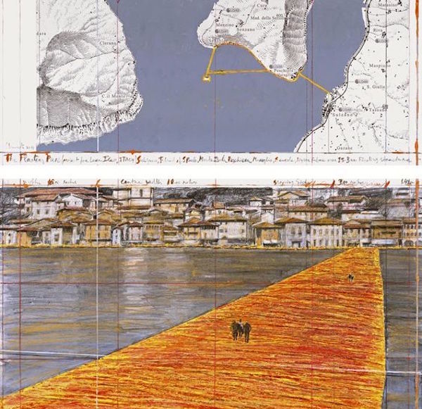 Christo, The Floating Piers (Project for Lake Iseo, Italy), collage in two parts, 2014; 12 x 30 1/2 inches and 26 1/4 x 30 1/2 inches; pencil, charcoal, pastel, wax crayon, fabric, enamel paint, cut-out photographs by Wolfgang Volz, and map; photo by André Grossmann, © 2014 Christo; Ref. AUR # 5-2014