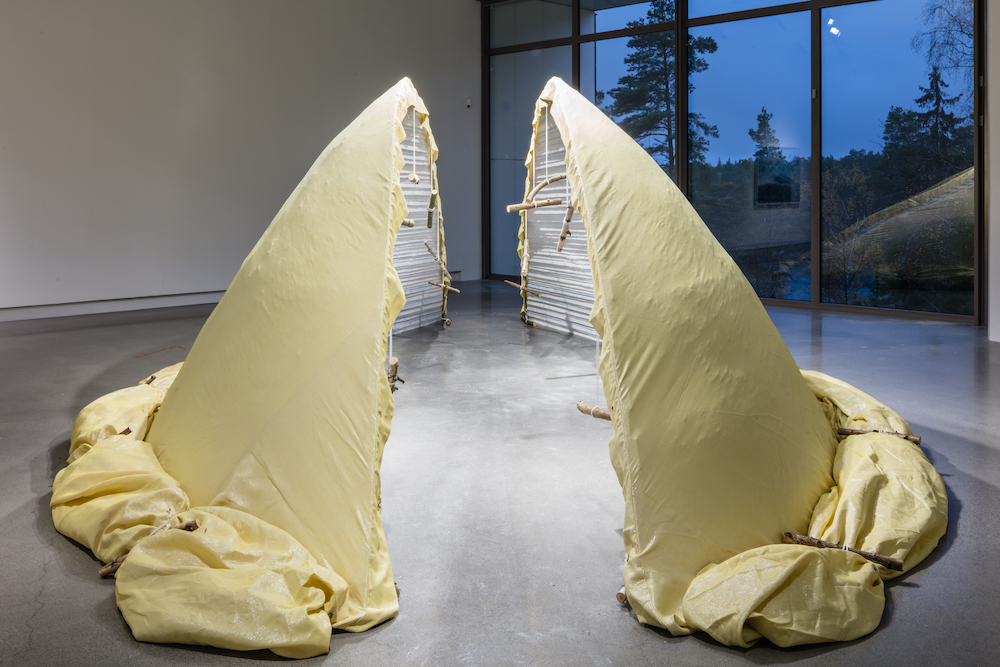 Bigert and Bergström, Rescue Blanket for Kebnekaise, 2015; installation view, I stormens öga, 2017; photo by Jean-Baptiste Béranger, courtesy of Artipelag