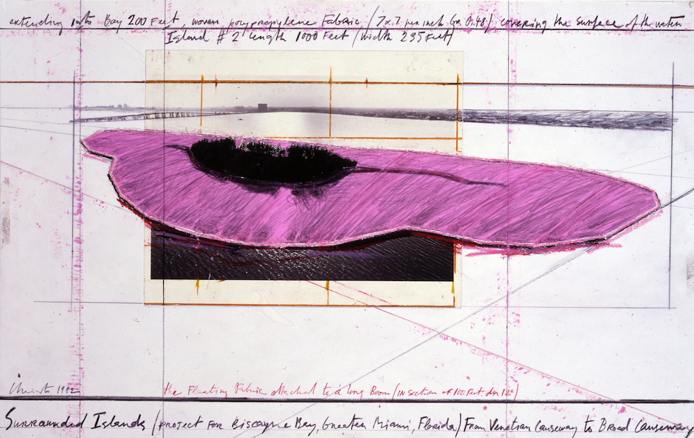 Christo, Surrounded Islands (Project for Biscayne Bay, Greater Miami, Florida), 1982; pencil, fabric, photograph by Wolfgang Volz, pastel, charcoal, and wax crayon; photo by Eeva-Inkeri, © Christo 1982