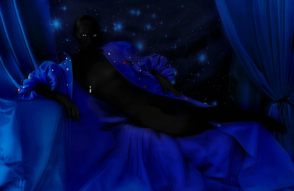 Elliot & Erick Jimenez, The Birth of the Milky Way, 2025, archival pigment print on canvas with 1970s Richelieu hammered gold Baroque pearl dangle earring and metal glitter, 54 7/8 x 84 1/2 inches, image © Elliot & Erick Jimenez, courtesy the artists and Spinello Projects