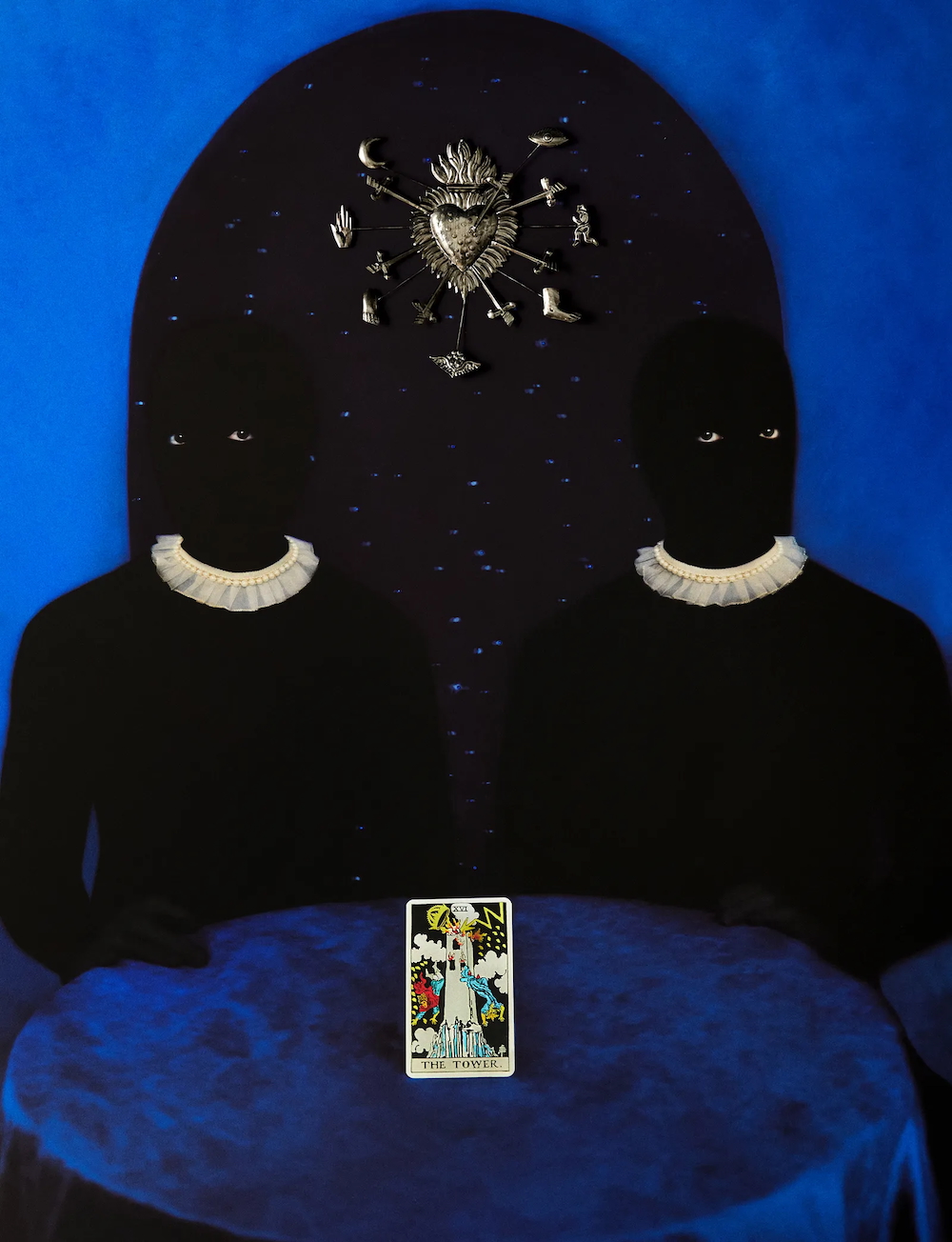 Elliot & Erick Jiménez, The Tower, 2025, archival pigment print on paper, punched tin sacred heart, crystals, 48 × 36 inches, image © Elliot & Erick Jiménez, courtesy of the artists and Spinello Projects